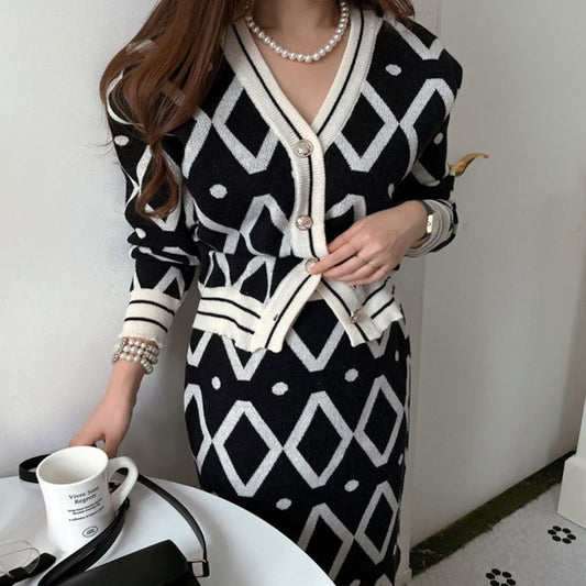 Korean Elegant Knitted 2 Piece Skirt Set Women Autumn V-neck Cardigan + High Waisted Skirt Matching Set Vintage 2 Piece Set