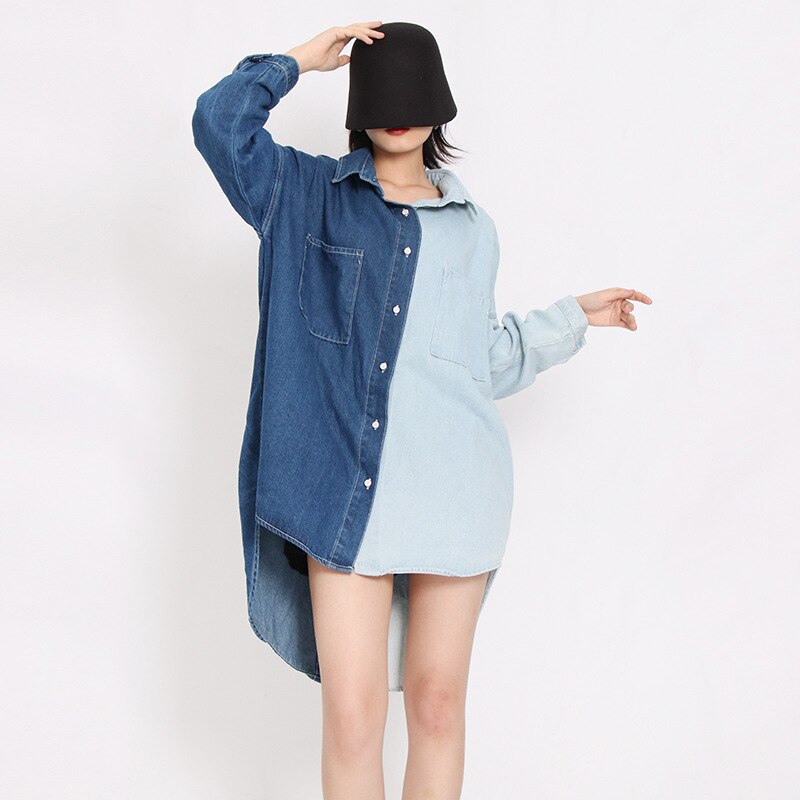 SuperAen Turn Down Collar Shirt Autumn  New Fashion Contrast Patchwork Full Jeans Womens Tops