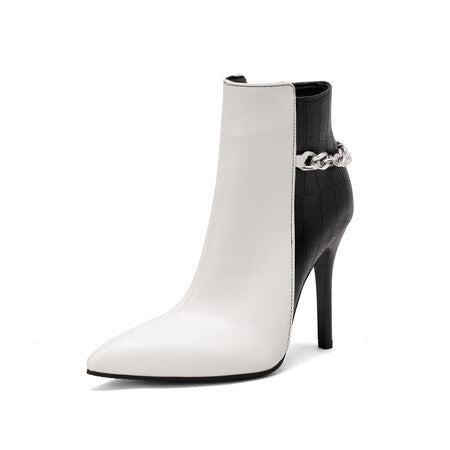 Metal Chain Snake Print Colorblock Autumn/Winter Stiletto High Heel Pointed Toe Ladies Short Boots