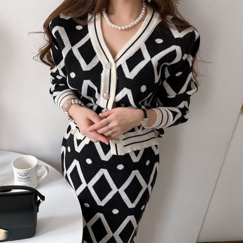 Korean Elegant Knitted 2 Piece Skirt Set Women Autumn V-neck Cardigan + High Waisted Skirt Matching Set Vintage 2 Piece Set
