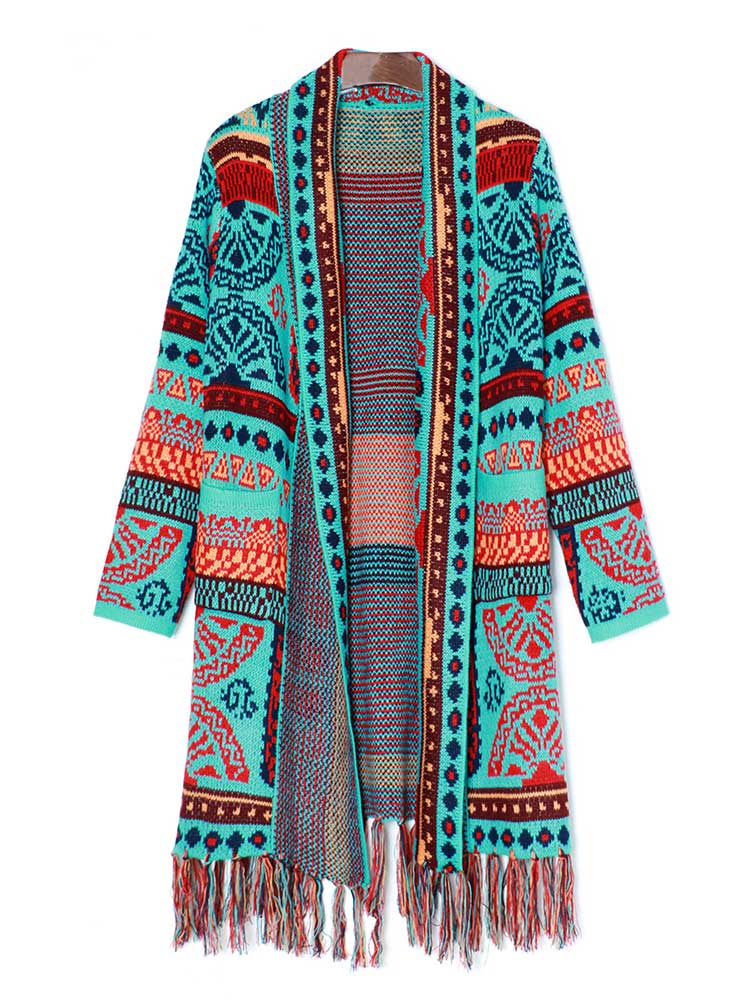 BOHO INSPIRED Knit Cardigans Jacquard cardigan Coat Women autumn winter Geometry Open stitch Tassel bohemian long cardigan women