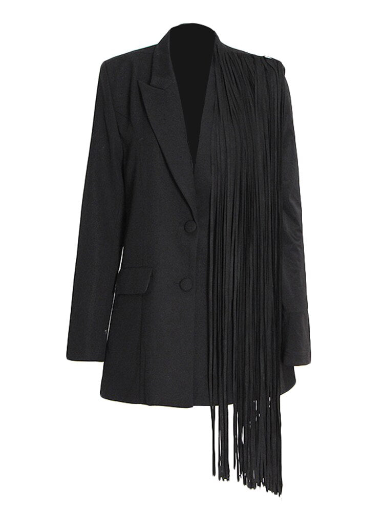 Patchwork Tassel Solid Blazers For Women Notched Collar Long Sleeve Single Breasted Straight Blazer Female Spring New