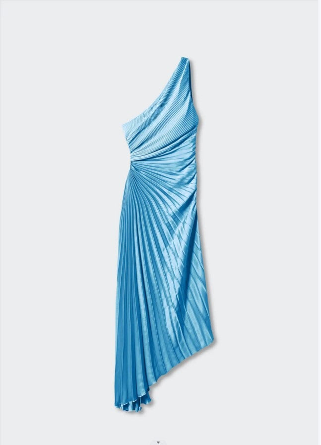 Single shoulder diagonal neckline pleated hollow out dress skirt (satin)
