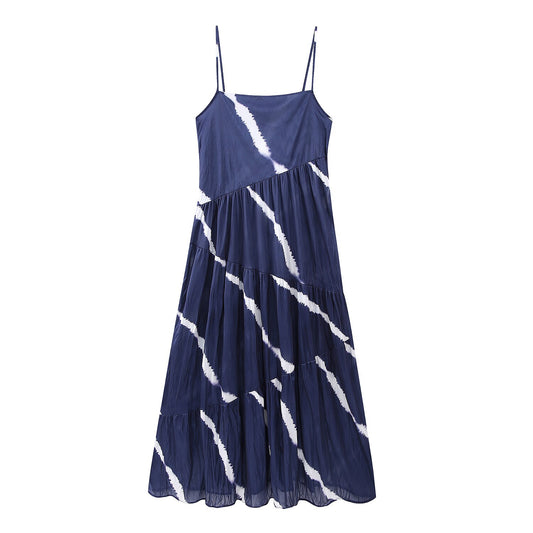 XNWMNZ Women Fashion New Creased-Effect Tie Dyed Dress Vacation Style Straight Neck Thin Straps Female Chic Midi Dresses