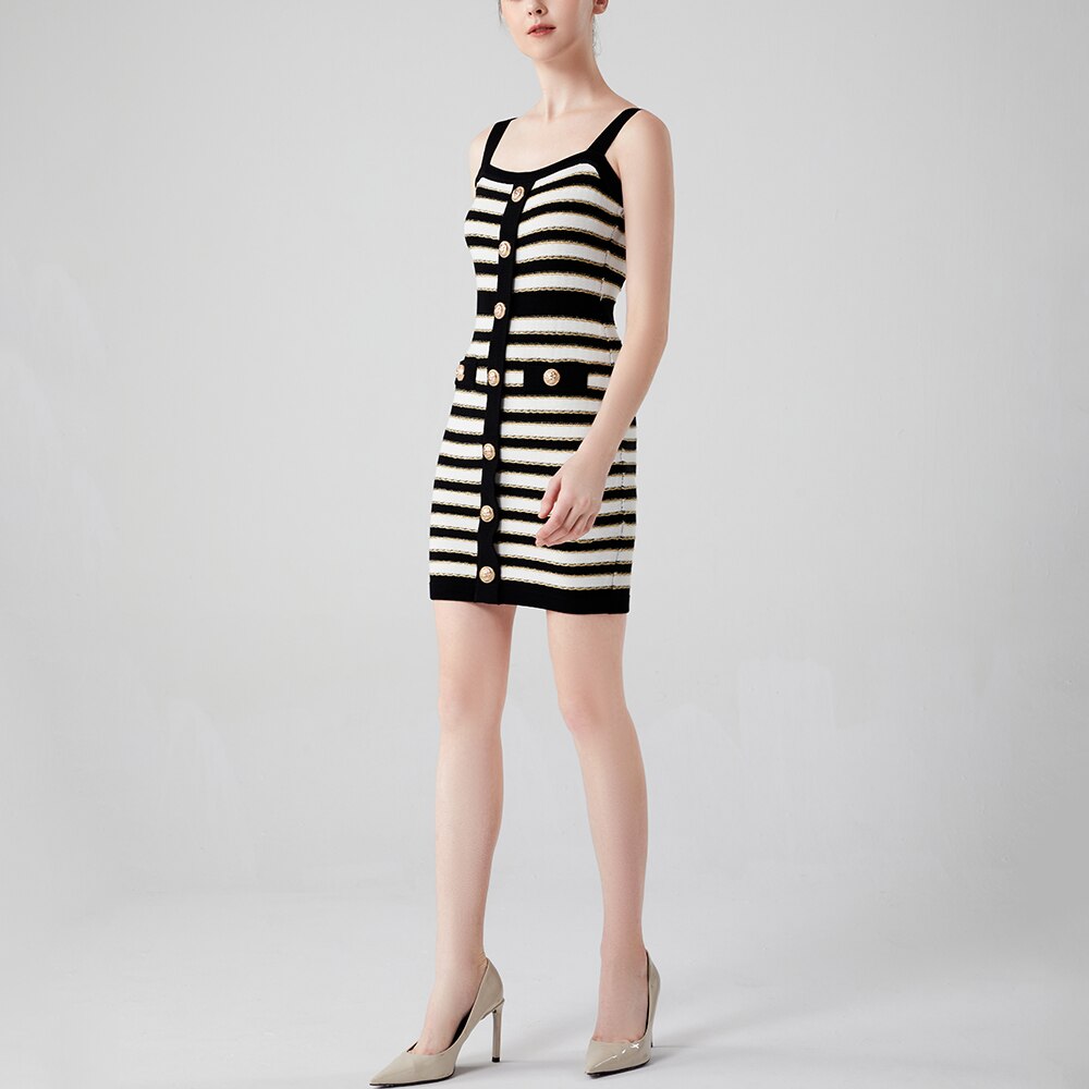 Newest Summer Black and White Contrast Color Striped Gold Shining Thread Slim Spaghetti Straps Women Knitting Sexy Dress