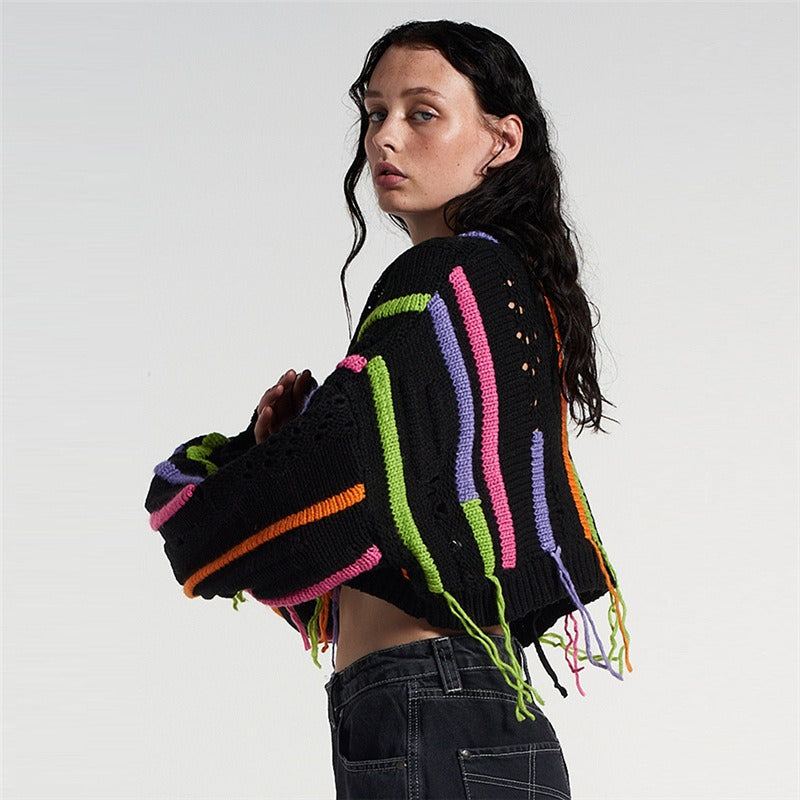 European and American Style Women's Spring New Ins Street Photo Fashion Knit Shirt Color Matching Tassels Versatile Casual Sweat
