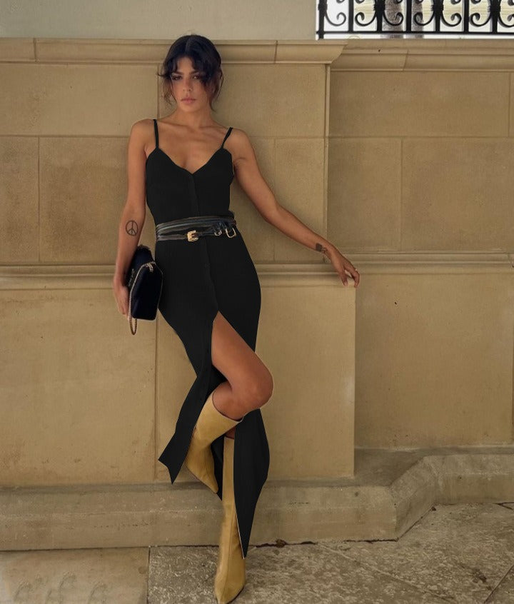 Europe and the United States style single-breasted V-neck sexy halter front slit Slim dresses