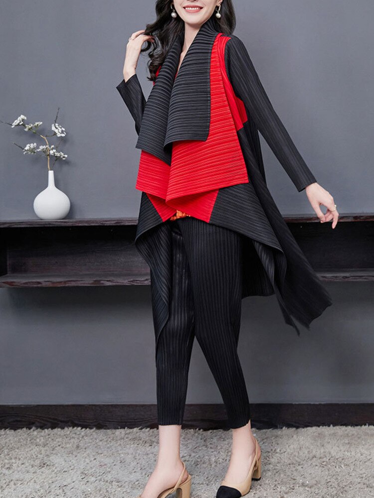 Patchwork Double Collar Cardigan Long Sleeve Pleated Trench Coat Women Medium Long Autumn Luxury Lady Windbreaker