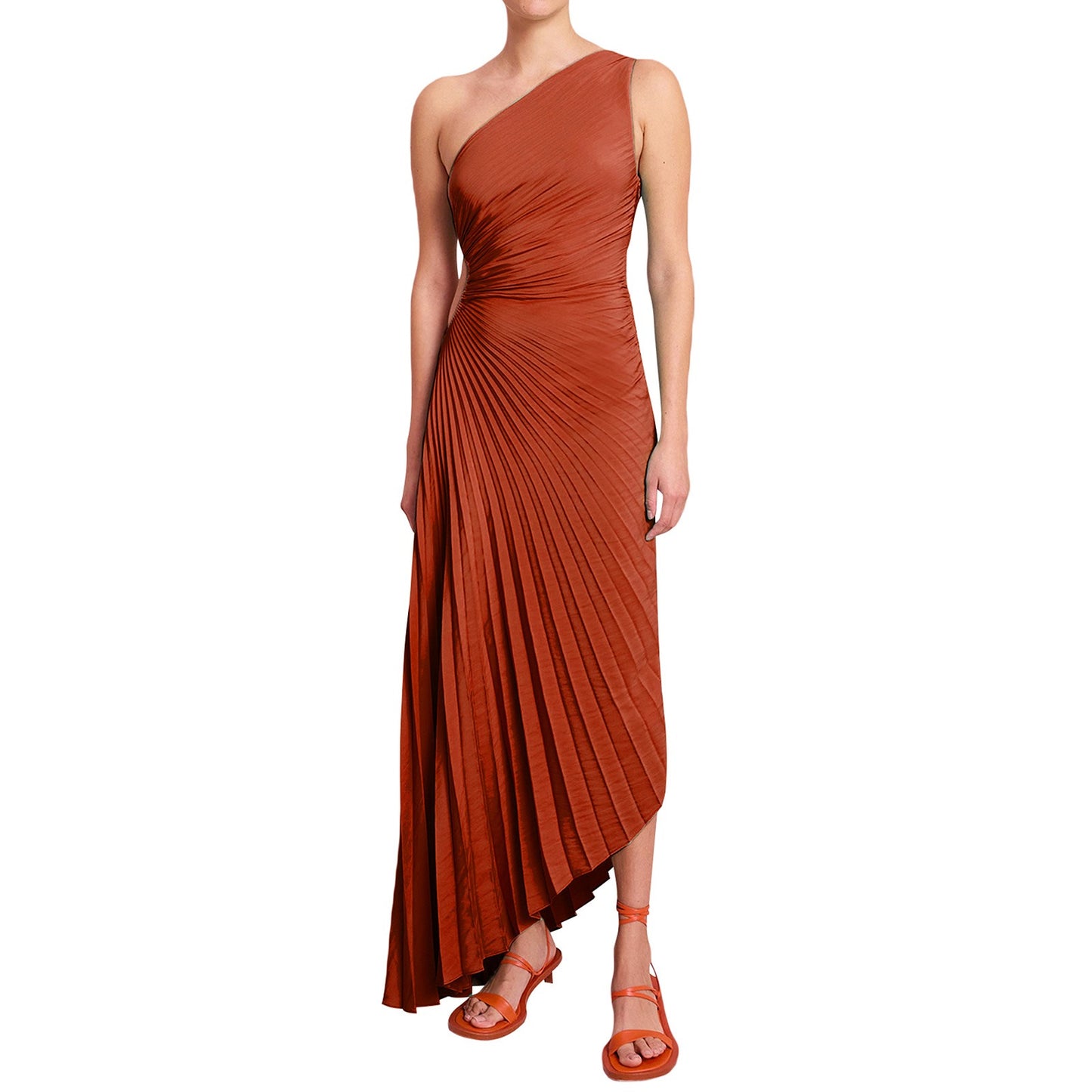 Single shoulder diagonal neckline pleated hollow out dress skirt (satin)