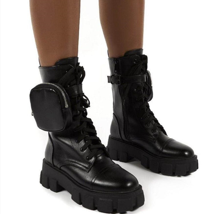 New product Pocket Motorcycle Boots Women Platform Shoes Lace Up Thick-soled Black Military Shoes Woman Half Botas Mujer