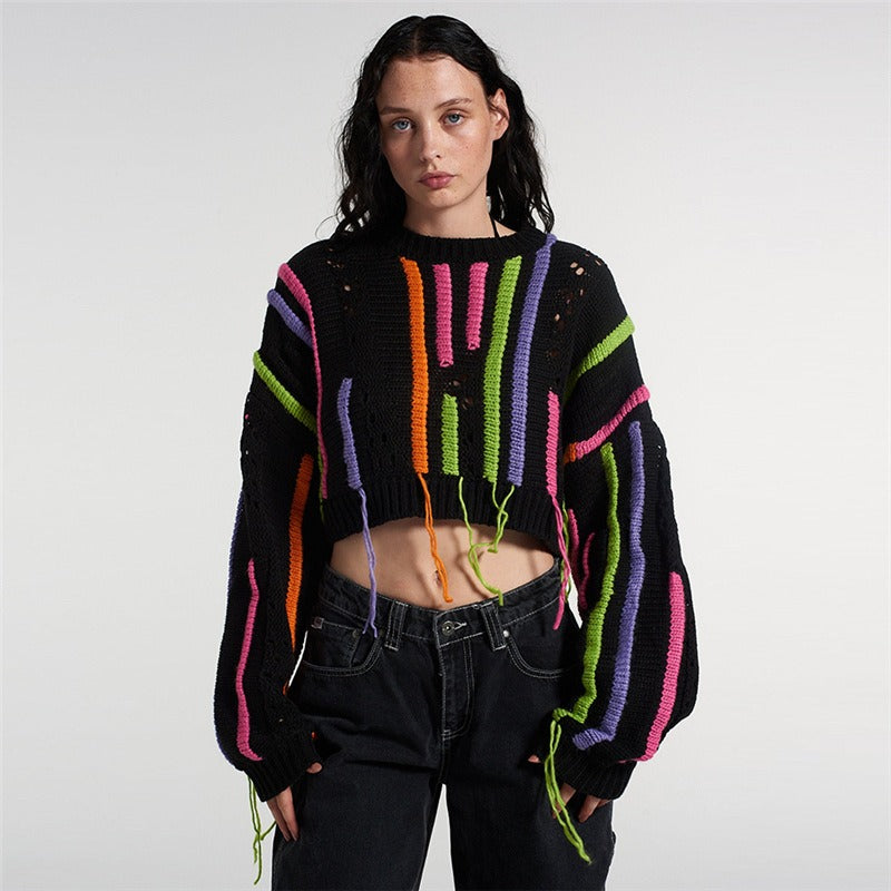 European and American Style Women's Spring New Ins Street Photo Fashion Knit Shirt Color Matching Tassels Versatile Casual Sweat