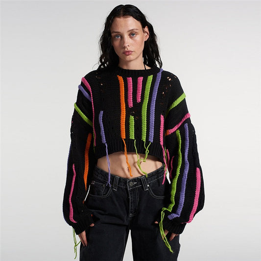European and American Style Women's Spring New Ins Street Photo Fashion Knit Shirt Color Matching Tassels Versatile Casual Sweat