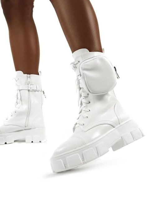 New product Pocket Motorcycle Boots Women Platform Shoes Lace Up Thick-soled Black Military Shoes Woman Half Botas Mujer