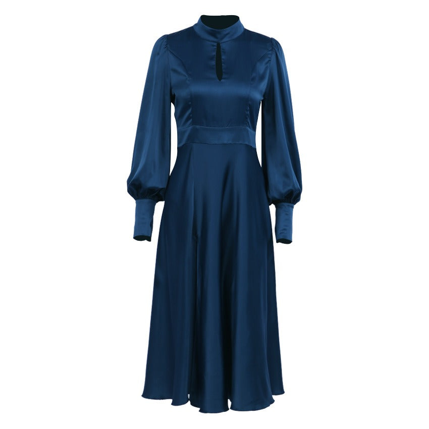 New style satin imitation silk French dress elegant European and American women high waist hollow dress