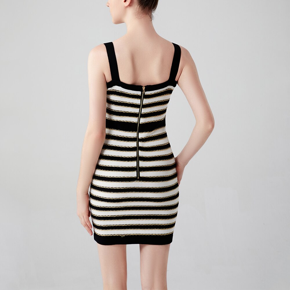 Newest Summer Black and White Contrast Color Striped Gold Shining Thread Slim Spaghetti Straps Women Knitting Sexy Dress