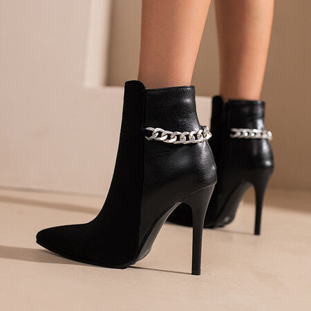 Metal Chain Snake Print Colorblock Autumn/Winter Stiletto High Heel Pointed Toe Ladies Short Boots