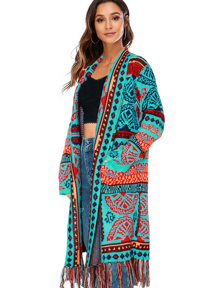 BOHO INSPIRED Knit Cardigans Jacquard cardigan Coat Women autumn winter Geometry Open stitch Tassel bohemian long cardigan women