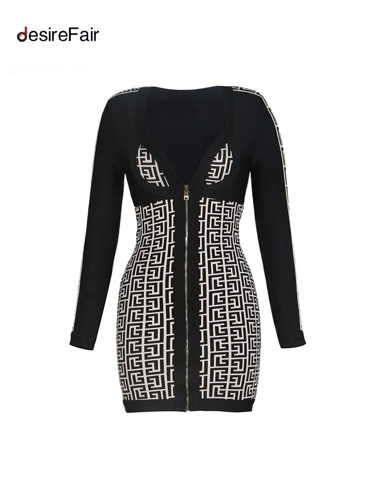 DesireFair Trendy Women Slim Casual Sexy Wind V-Neck Long-Sleeved Jacquard Zipper High Waist Splicing Tight Dresses