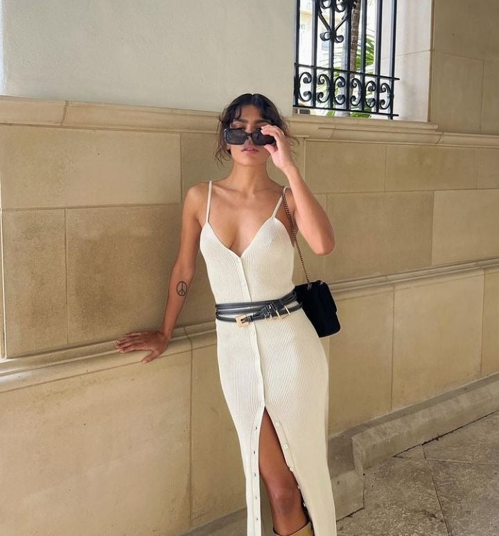 Europe and the United States style single-breasted V-neck sexy halter front slit Slim dresses