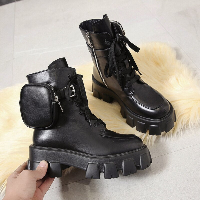 New product Pocket Motorcycle Boots Women Platform Shoes Lace Up Thick-soled Black Military Shoes Woman Half Botas Mujer