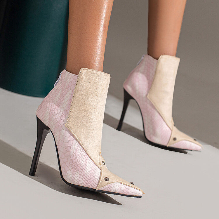 Plus Size Winter Metal Studs Stiletto Heel Pointed Toe Ladies Short Boots