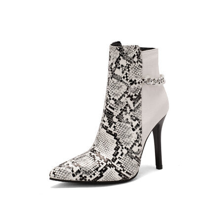 Metal Chain Snake Print Colorblock Autumn/Winter Stiletto High Heel Pointed Toe Ladies Short Boots