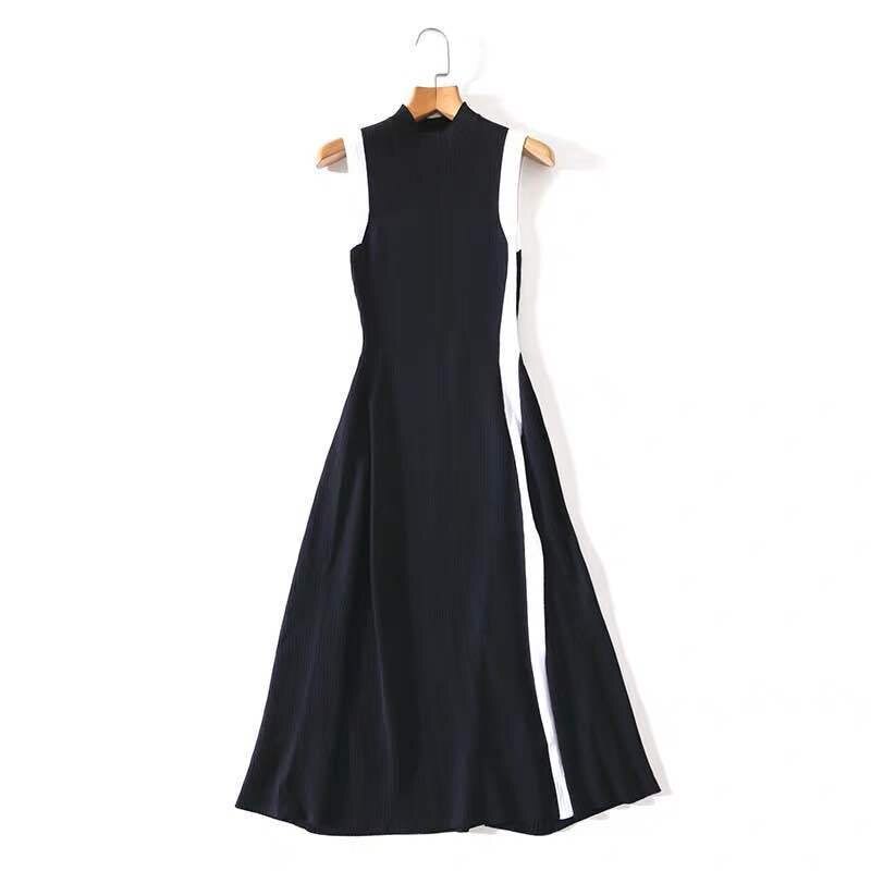 French Paris Style Autumn/Winter Skinny Side Split Knitted Dress High Quality Black/White Collision Stripes Fashion Women Robe