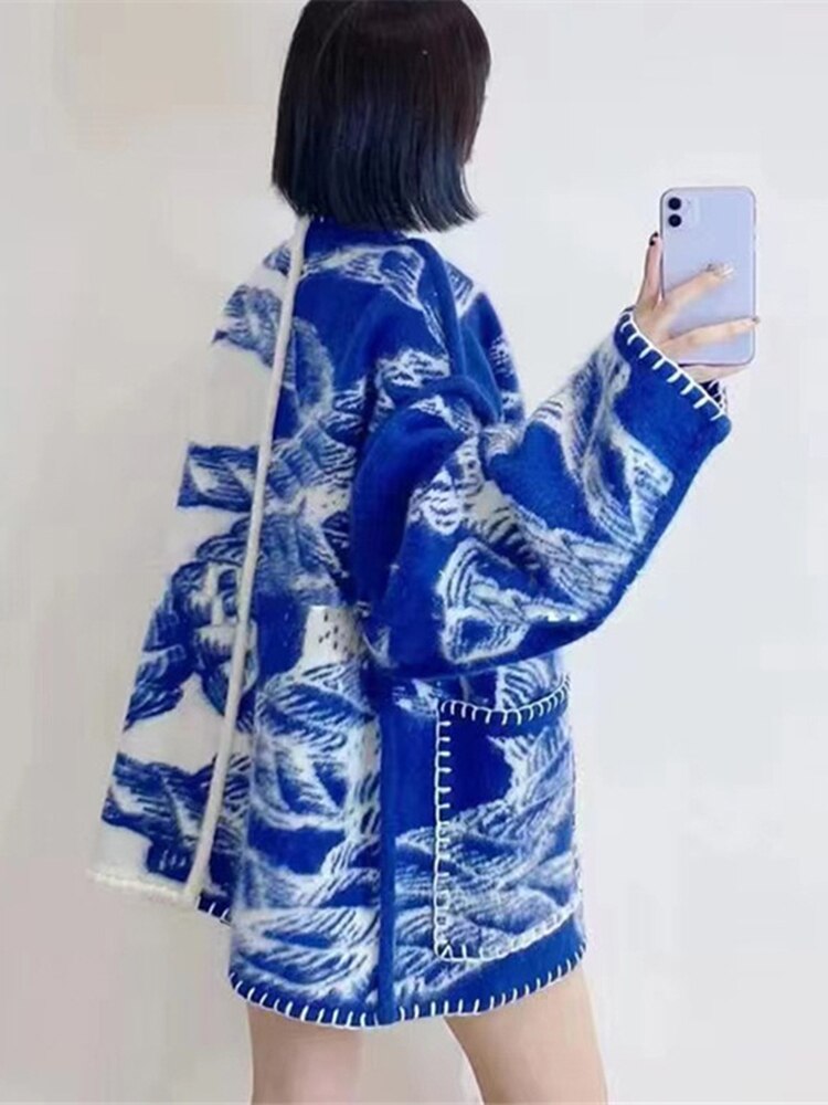 UCXQ Winter Knitted Cardigan Vintage Tie Dye Loose V-neck Tops Autumn  New Leisure Long Sleeve Women Sweater Tide 10AB3511