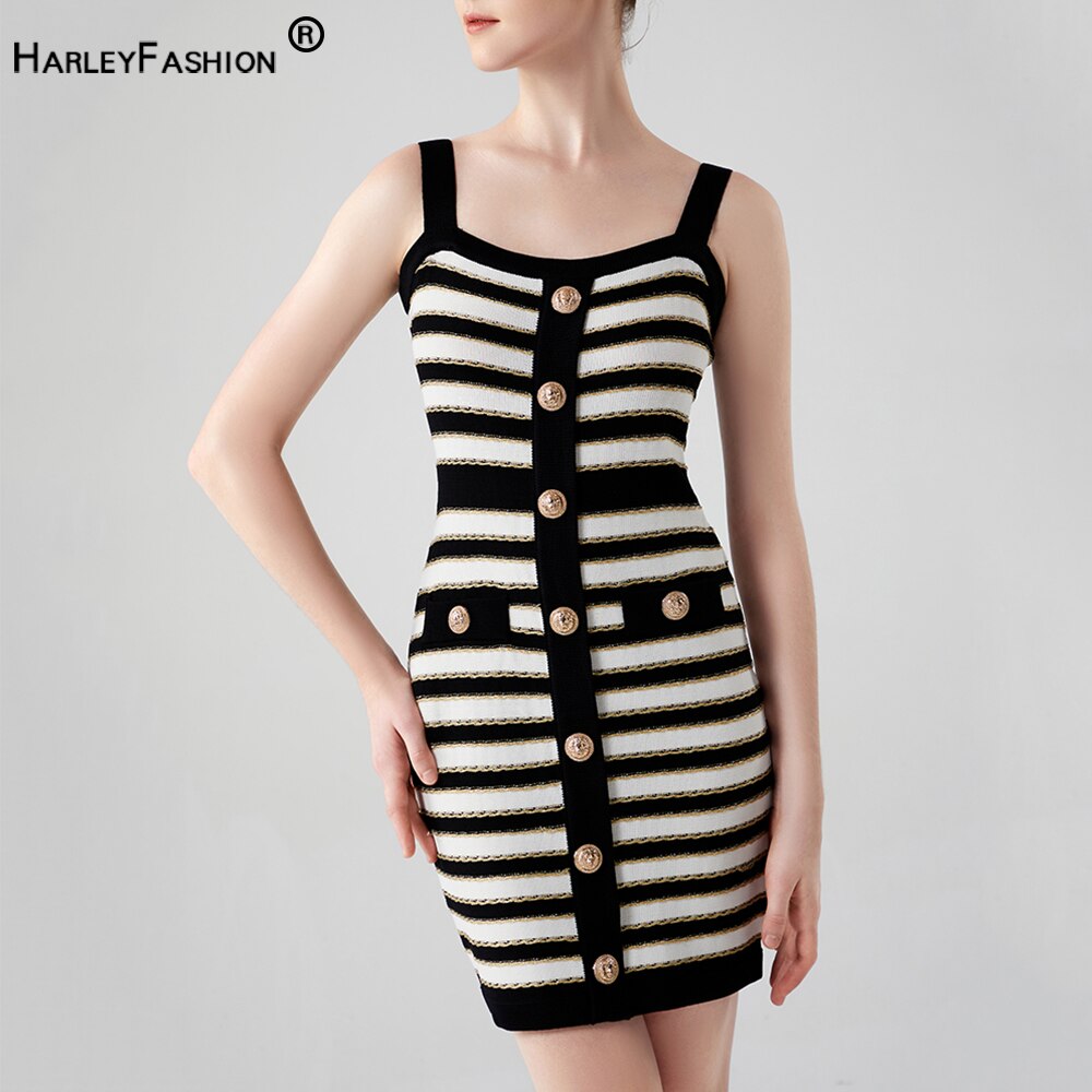 Newest Summer Black and White Contrast Color Striped Gold Shining Thread Slim Spaghetti Straps Women Knitting Sexy Dress