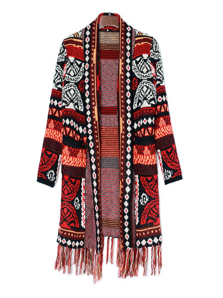 BOHO INSPIRED Knit Cardigans Jacquard cardigan Coat Women autumn winter Geometry Open stitch Tassel bohemian long cardigan women