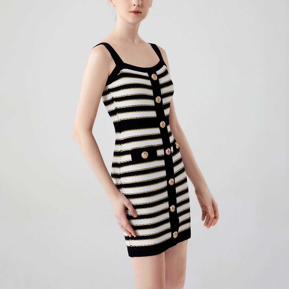Newest Summer Black and White Contrast Color Striped Gold Shining Thread Slim Spaghetti Straps Women Knitting Sexy Dress