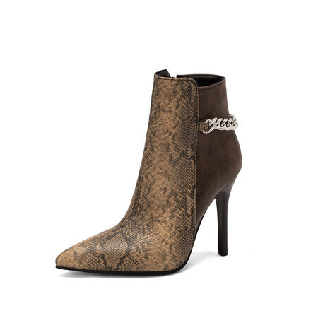 Metal Chain Snake Print Colorblock Autumn/Winter Stiletto High Heel Pointed Toe Ladies Short Boots