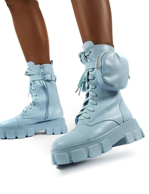 New product Pocket Motorcycle Boots Women Platform Shoes Lace Up Thick-soled Black Military Shoes Woman Half Botas Mujer