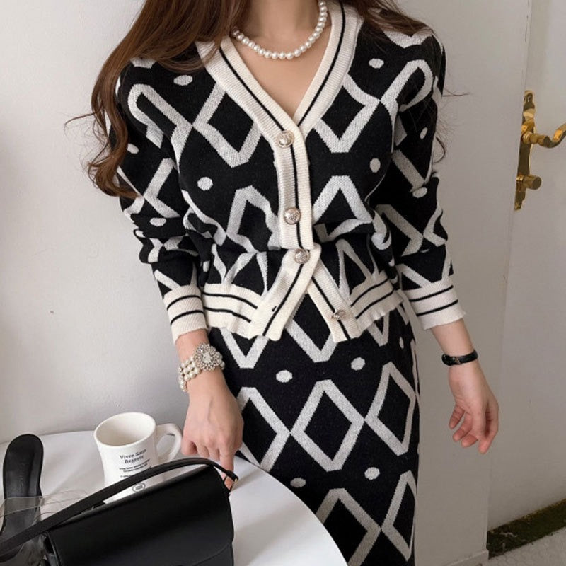 Korean Elegant Knitted 2 Piece Skirt Set Women Autumn V-neck Cardigan + High Waisted Skirt Matching Set Vintage 2 Piece Set
