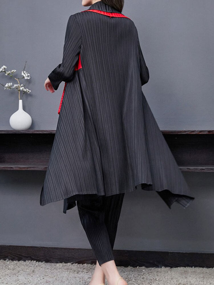 Patchwork Double Collar Cardigan Long Sleeve Pleated Trench Coat Women Medium Long Autumn Luxury Lady Windbreaker