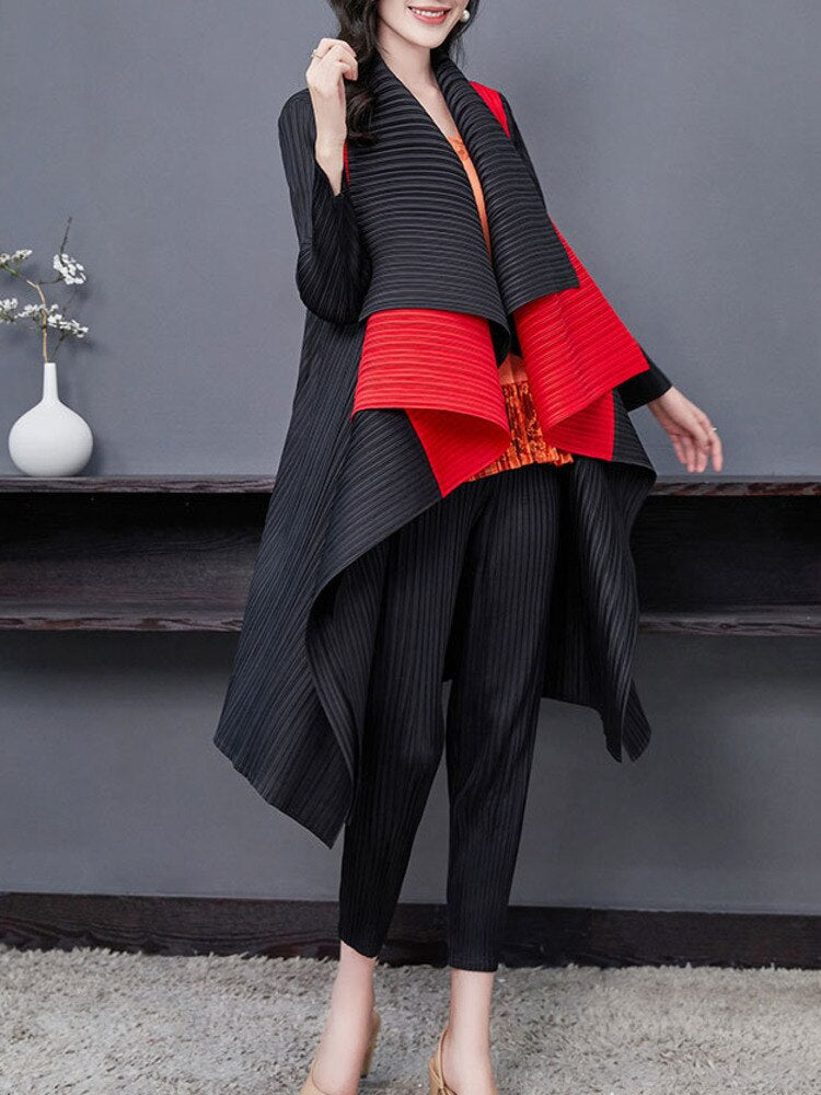 Patchwork Double Collar Cardigan Long Sleeve Pleated Trench Coat Women Medium Long Autumn Luxury Lady Windbreaker