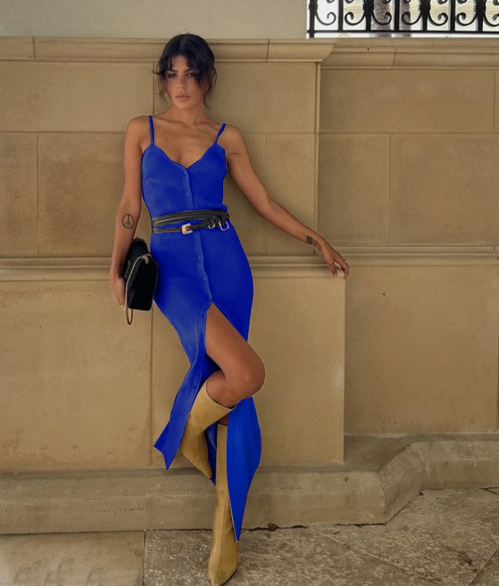 Europe and the United States style single-breasted V-neck sexy halter front slit Slim dresses
