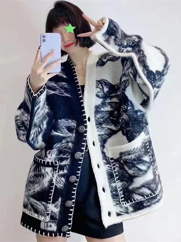 UCXQ Winter Knitted Cardigan Vintage Tie Dye Loose V-neck Tops Autumn  New Leisure Long Sleeve Women Sweater Tide 10AB3511