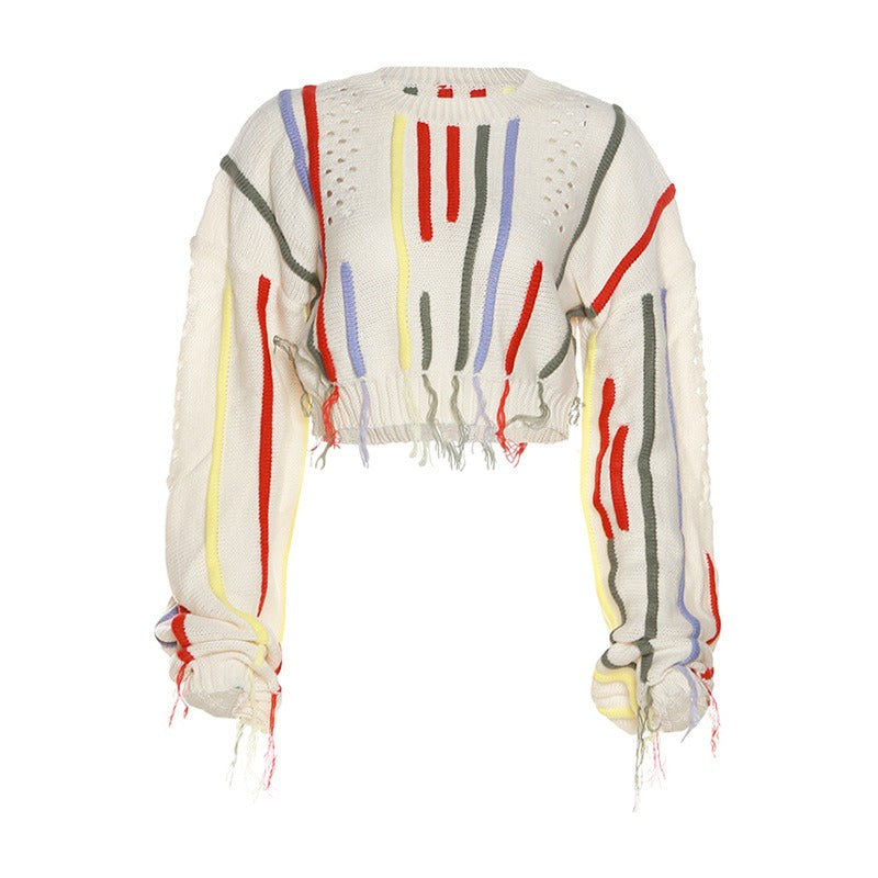 European and American Style Women's Spring New Ins Street Photo Fashion Knit Shirt Color Matching Tassels Versatile Casual Sweat