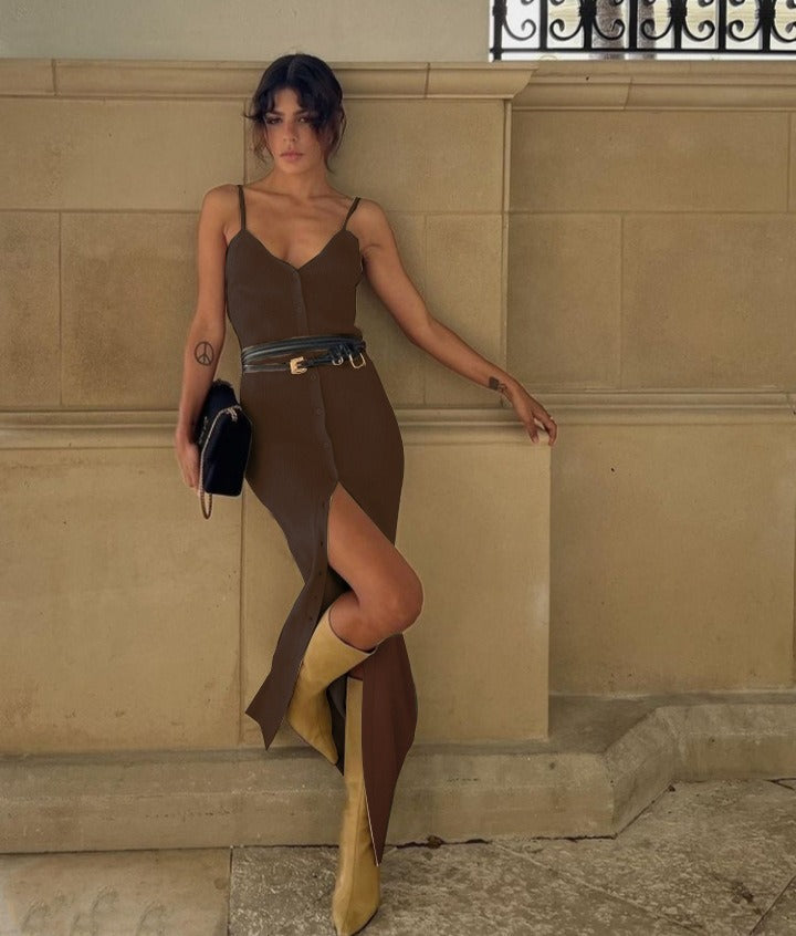 Europe and the United States style single-breasted V-neck sexy halter front slit Slim dresses