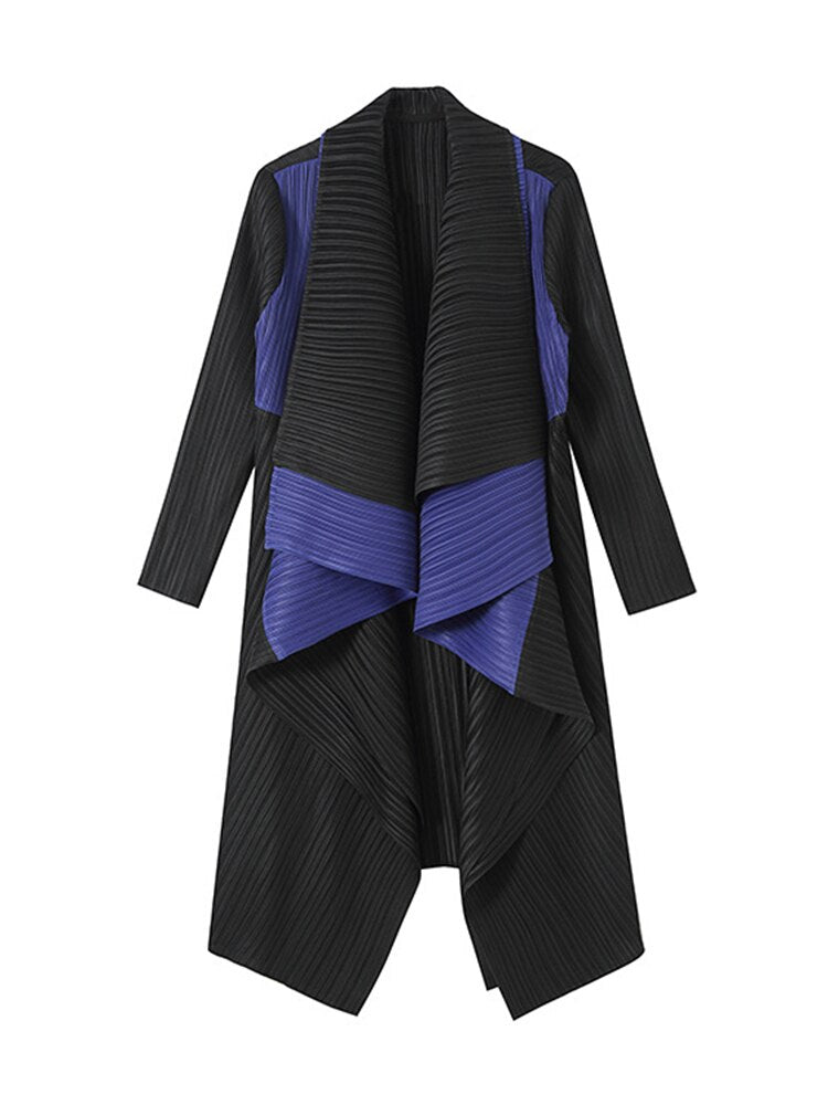 Patchwork Double Collar Cardigan Long Sleeve Pleated Trench Coat Women Medium Long Autumn Luxury Lady Windbreaker