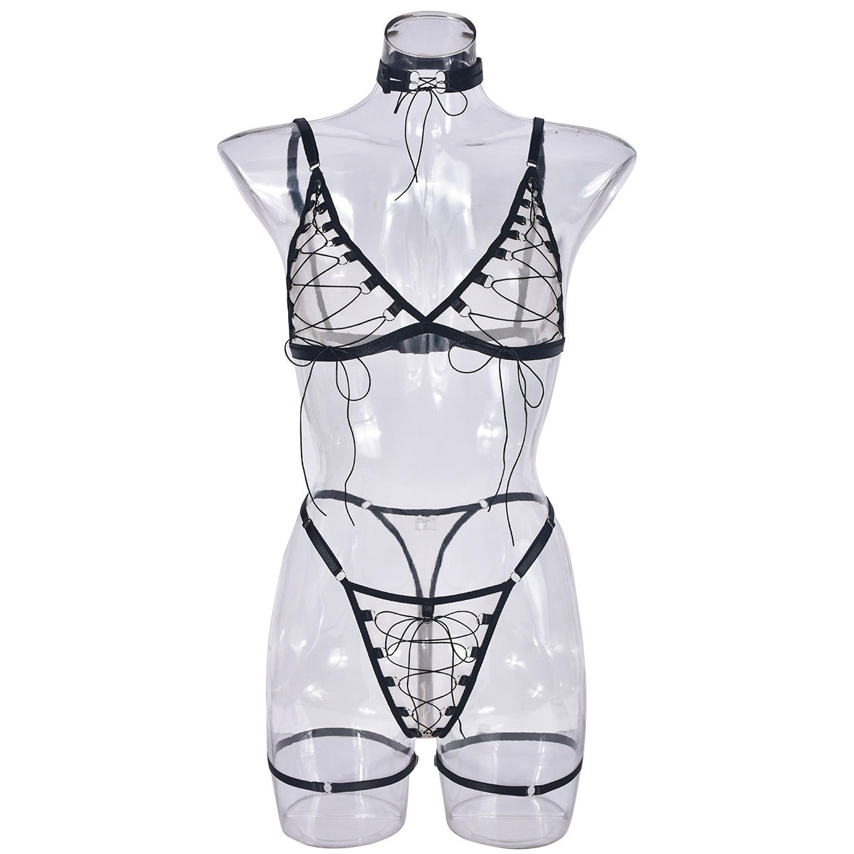 New sexy lingerie mesh see through complex lacing uniform four piece set