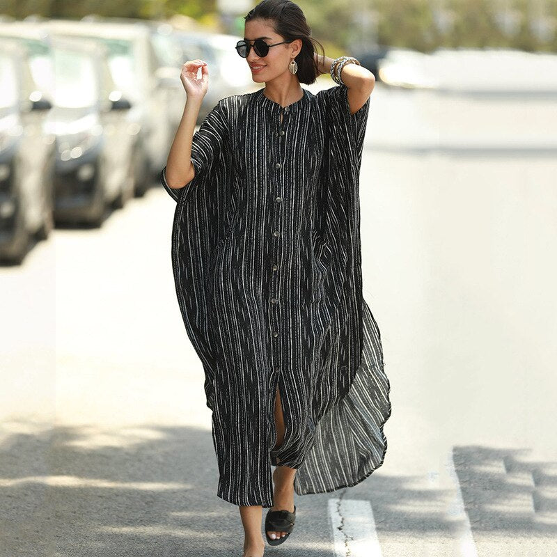 SuperAen  New Loose Oversized Striped Holiday Robe Sunscreen Cardigan Beach Coat Bikini Swimsuit Blouse