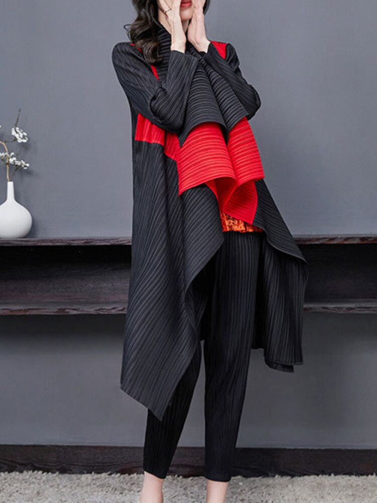 Patchwork Double Collar Cardigan Long Sleeve Pleated Trench Coat Women Medium Long Autumn Luxury Lady Windbreaker