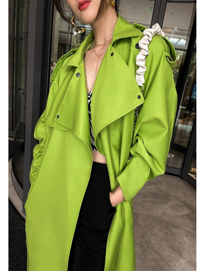 Fluorescent green large lapel mid length lace up loose windbreaker jacket