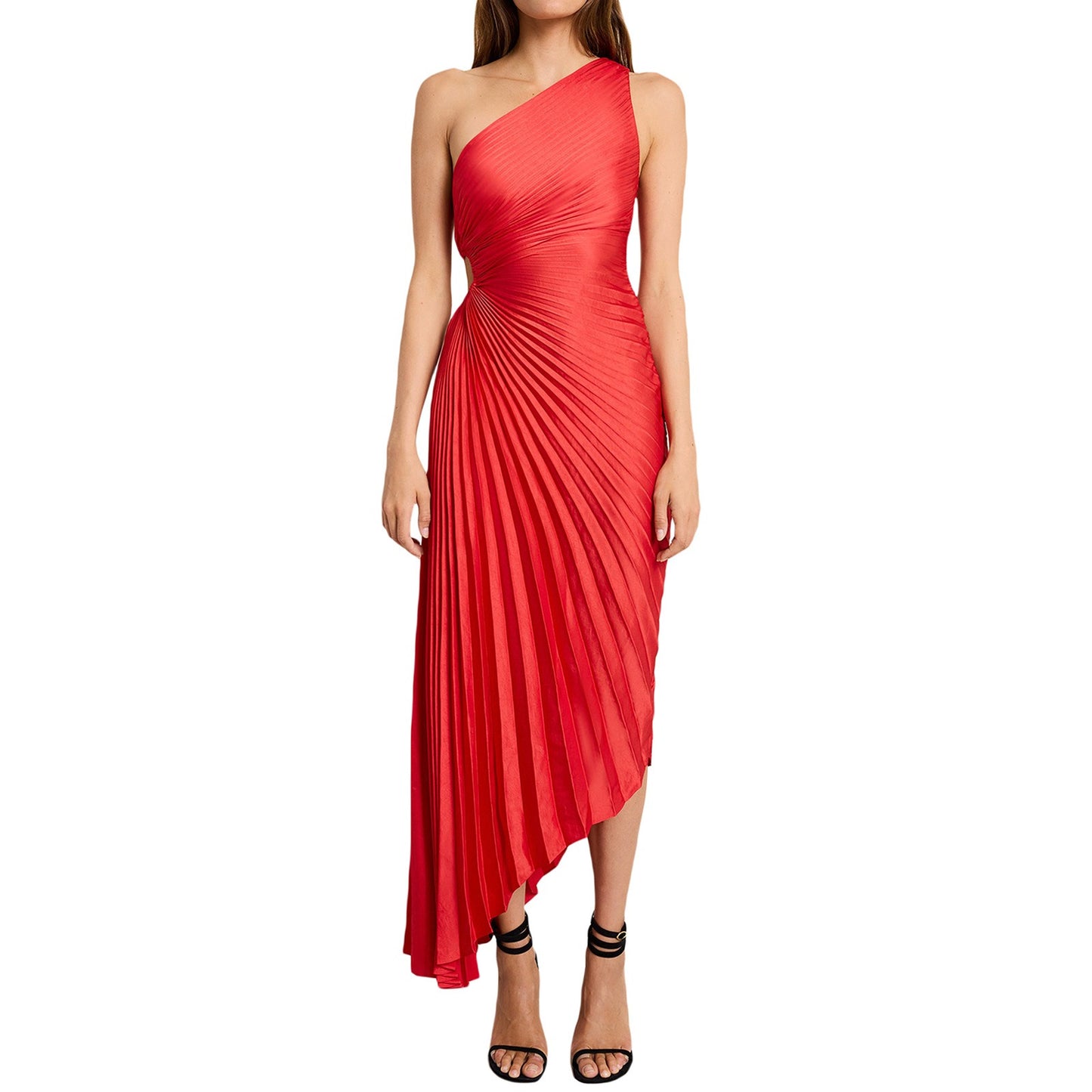 Single shoulder diagonal neckline pleated hollow out dress skirt (satin)