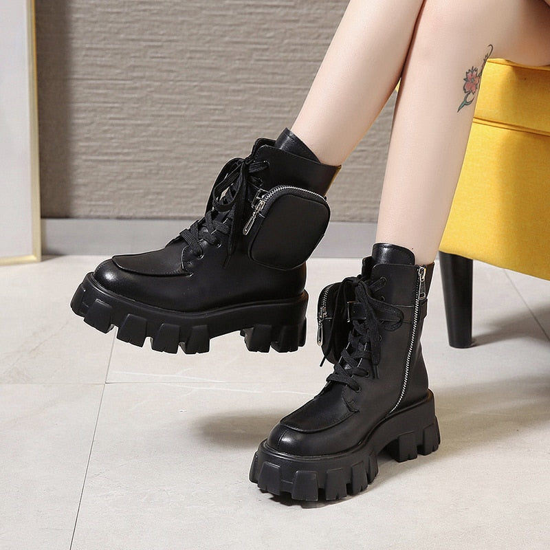 New product Pocket Motorcycle Boots Women Platform Shoes Lace Up Thick-soled Black Military Shoes Woman Half Botas Mujer