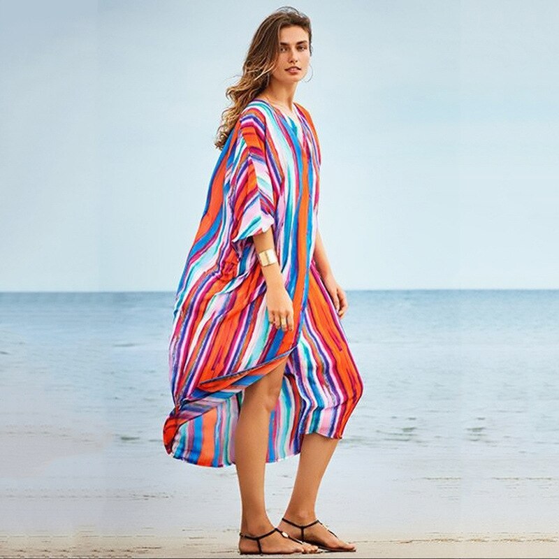SuperAen  New Loose Oversized Striped Holiday Robe Sunscreen Cardigan Beach Coat Bikini Swimsuit Blouse