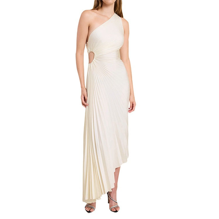 Single shoulder diagonal neckline pleated hollow out dress skirt (satin)