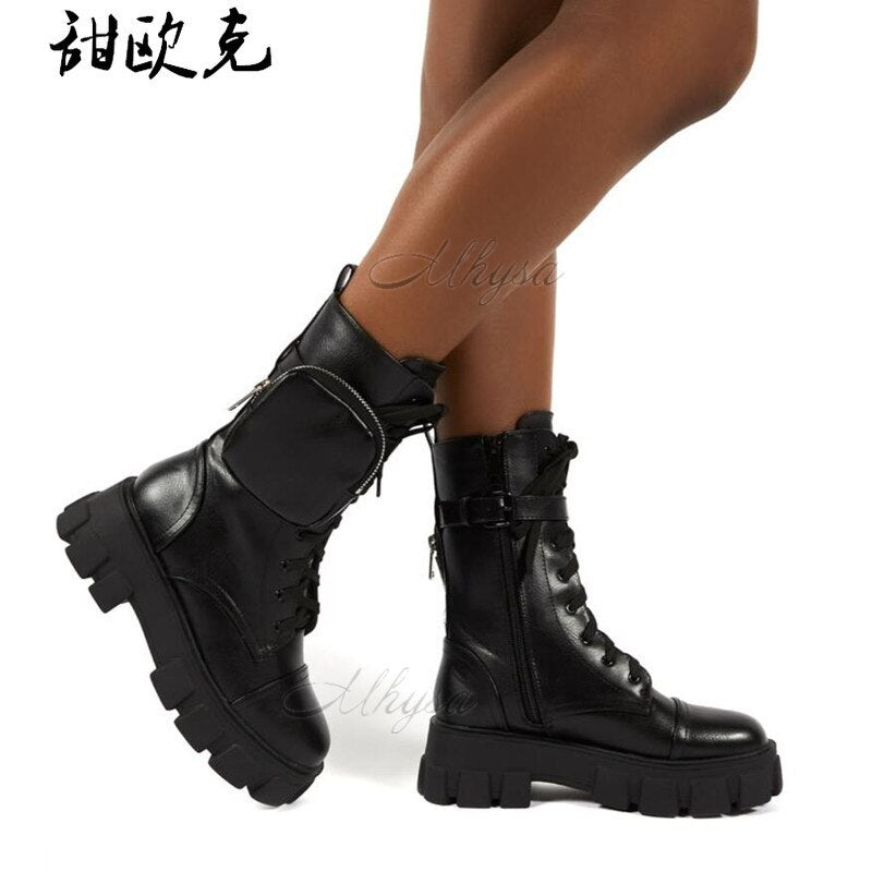 Women Pocket Boot Lace Up Ladies Ankle Boots Female Buckle Strap Black Chunky Sole Pouch Ankle Boots Woman Platform Shoe Fashion
